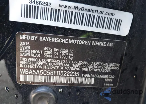 2015 BMW 528I из США, поврежденный, VIN WBA5A5C58FD522235